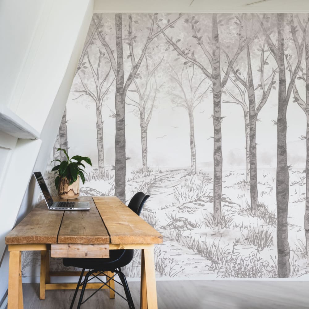 Papier peint panoramique paysage forêt de bouleau gris 300x250cm-made