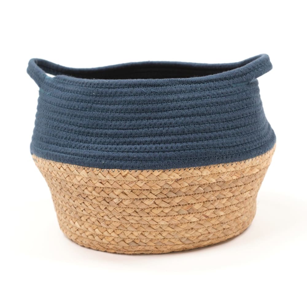 Factory Panier rond tressé coton uni 27x23 cm bleu style classique chic - Tissu
