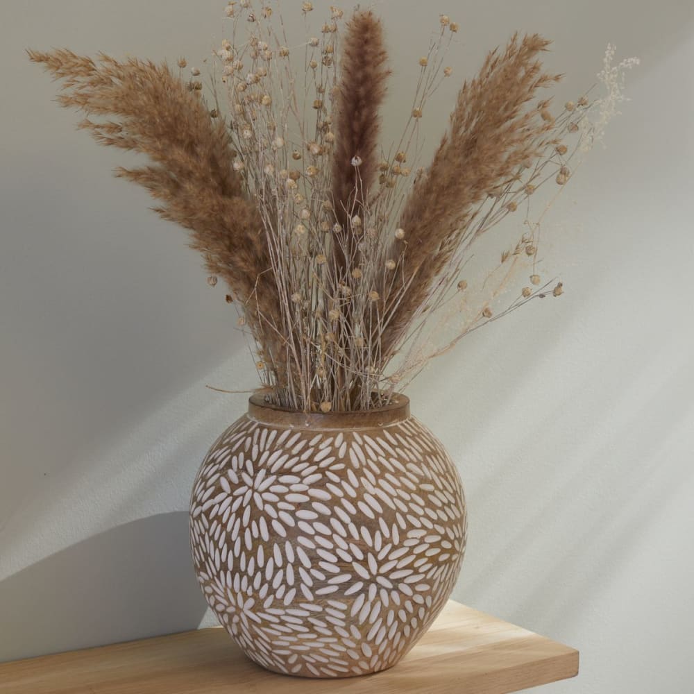 Vase arrondi motif devant bois  17x17 cm Beige