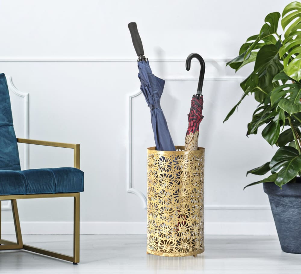 Schirmständer mit Blumenschnitzerei aus Metall gold Ø cm 24x42 -