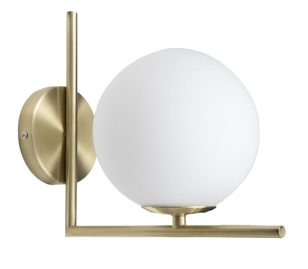 Applique en métal doré avec sphère en verre blanc, 15x25x22 cm