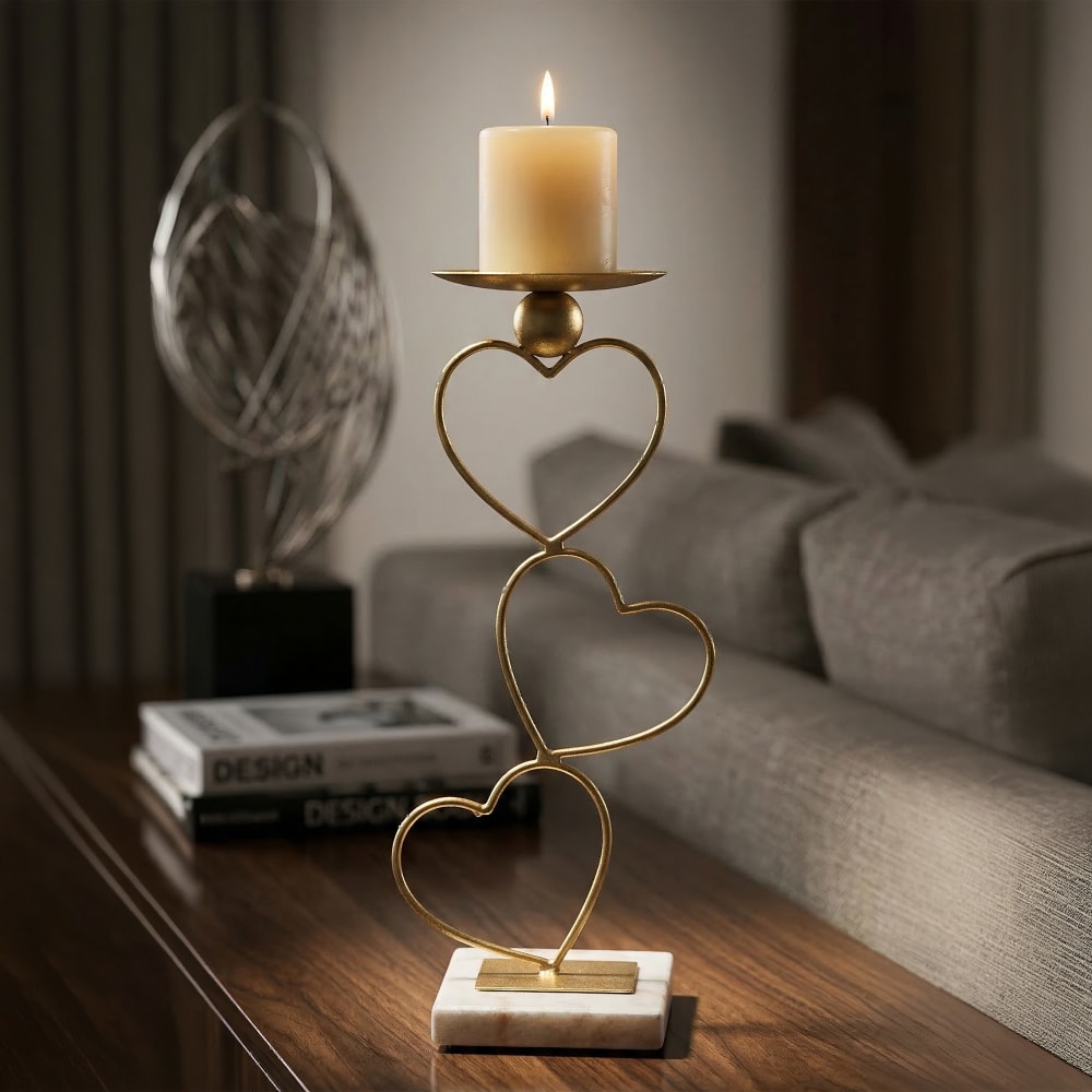 Mauro Ferretti Kerzenständer aus Metall mit Herzen und Marmor cm 14,5x10x32,5 style classic chic Gold Metall