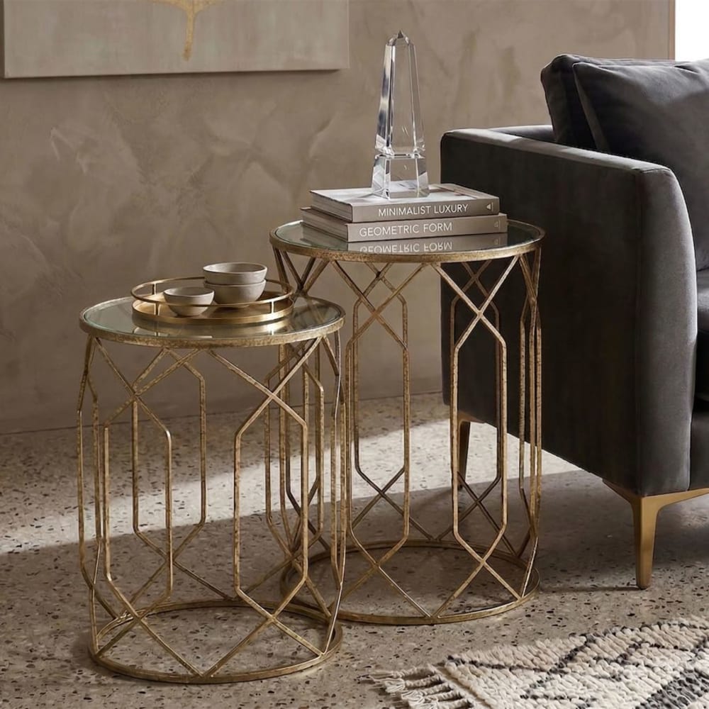 Mauro Ferretti Set aus 2 goldfarbenen Metalltischen mit Glasplatte, Ø cm 42x53-38x47 style classic chic - Metall
