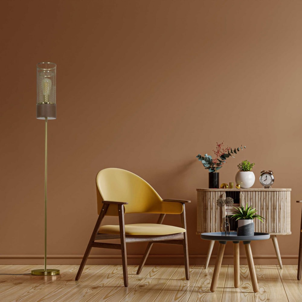 Lampadaire en métal grillagé doré et simili cuir marron