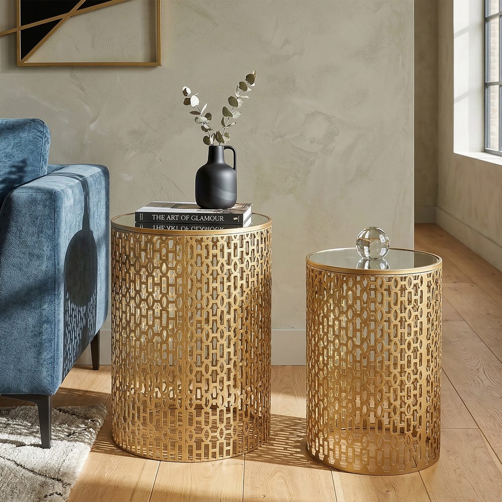 Mauro Ferretti Set aus 2 geschnitzten Goldmetalltischen Ø cm 41x50-37,5x47 style classic chic Gold