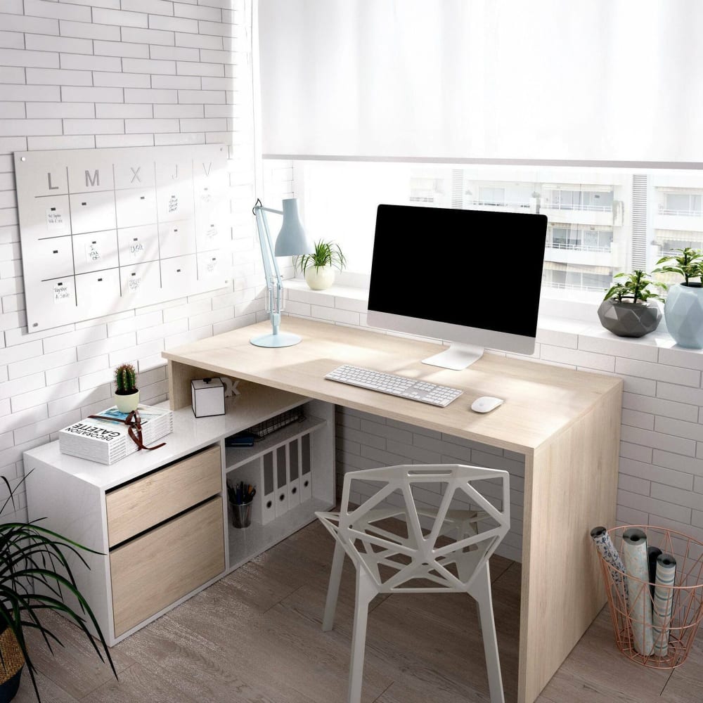 Bureau effet bois beige, blanc 139x92h75  cm