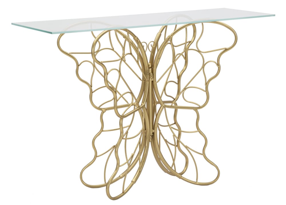 Console papillon en métal doré avec plateau en verre cm 110x40x76 Console papillon en métal doré avec plateau en verre cm 110x40x76
