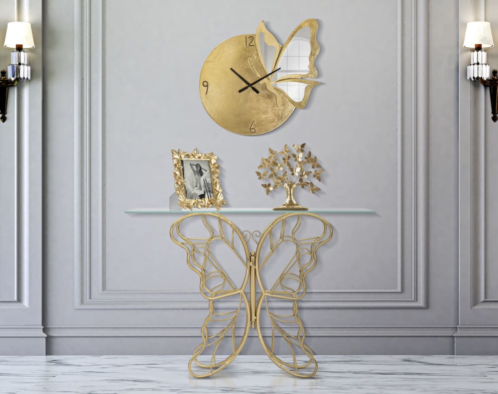 Console papillon en métal doré avec plateau en verre cm 110x40x76