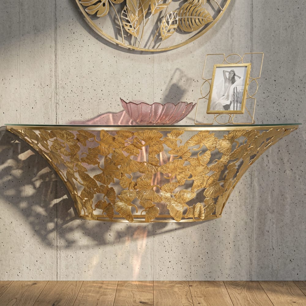 Mauro Ferretti Hängekonsole aus vergoldetem Metall mit Blättern cm 120x40,5x37,2 style classic chic - Metall