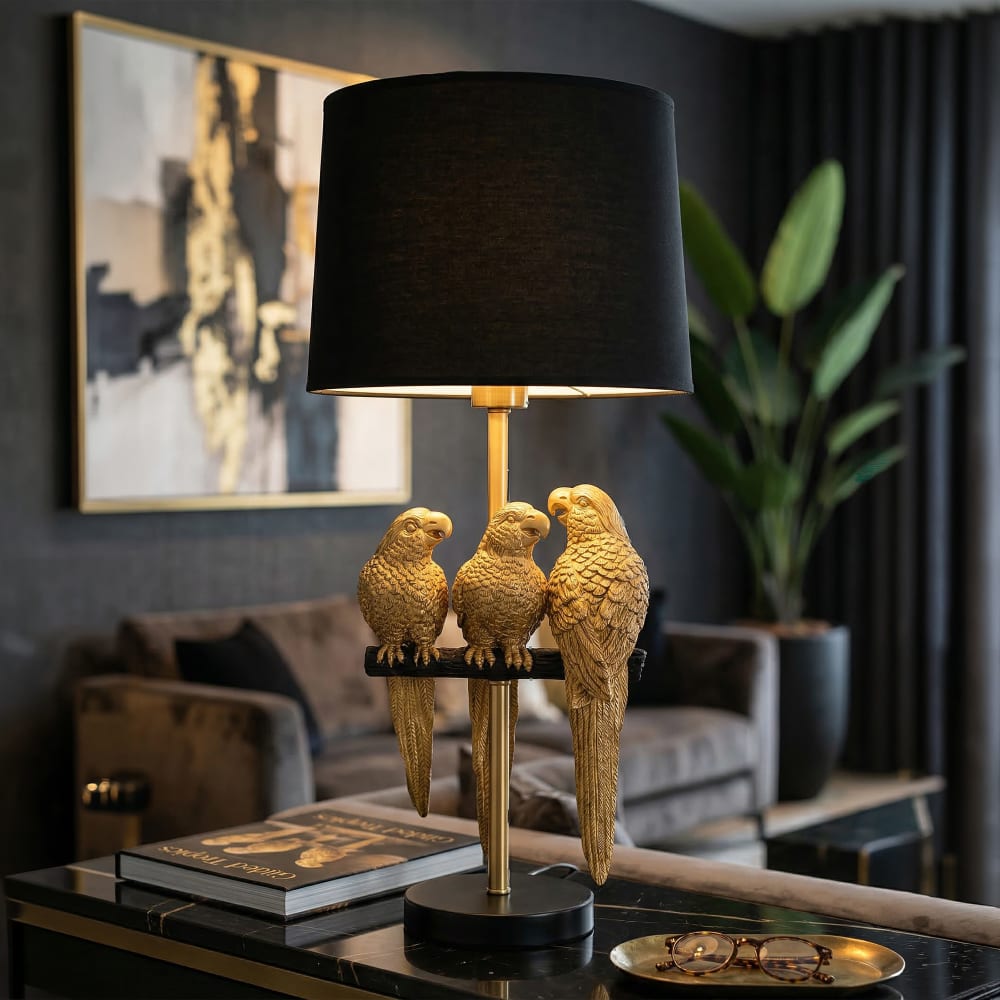 lampara de mesa en metal dorado con loros o cm 30x625