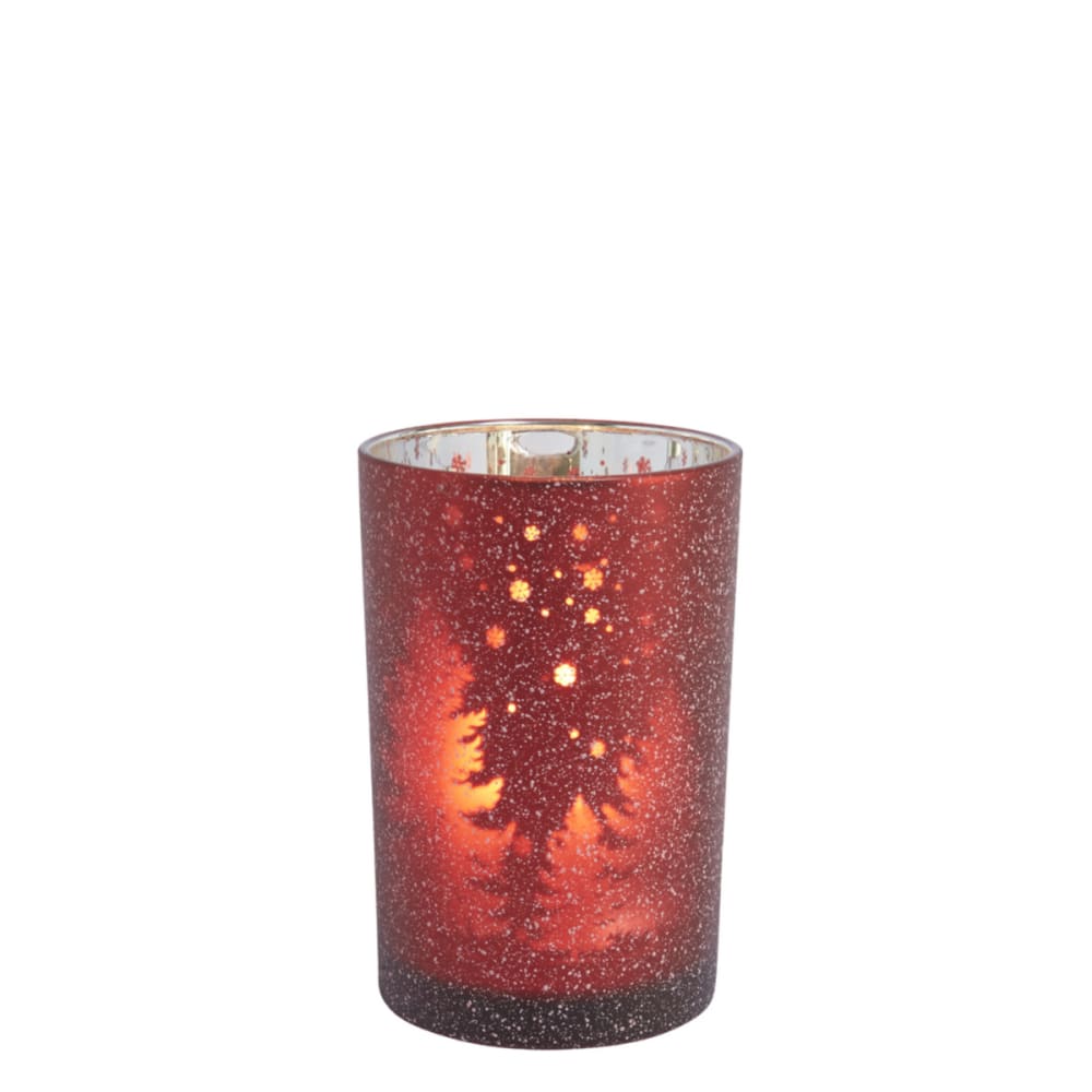 Photophore de noël décoratif en verre dépoli rouge et argenté H18