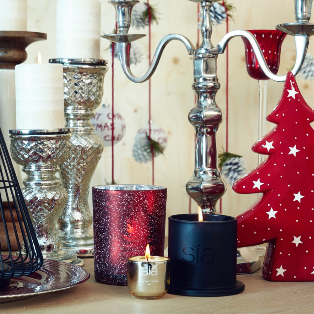 Photophore de noël décoratif en verre dépoli rouge et argenté H18 — vue 3