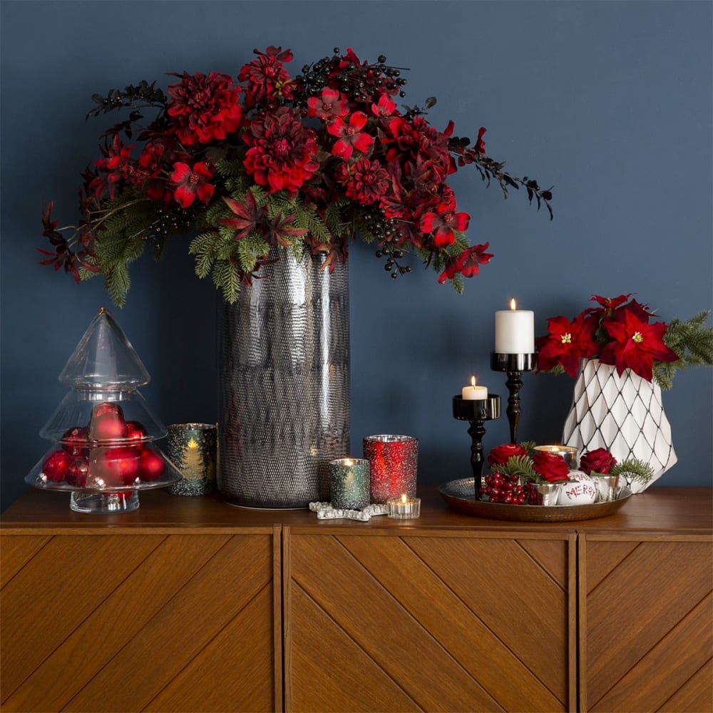 Photophore de noël décoratif en verre dépoli rouge et argenté H18 — vue 4