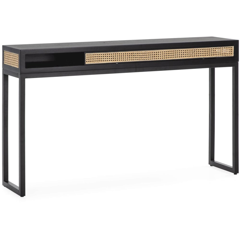 Thai Natura Console rectangulaire en rotin et bois avec piètement métal style contemporain Noir Rotin - 142x84x30cm