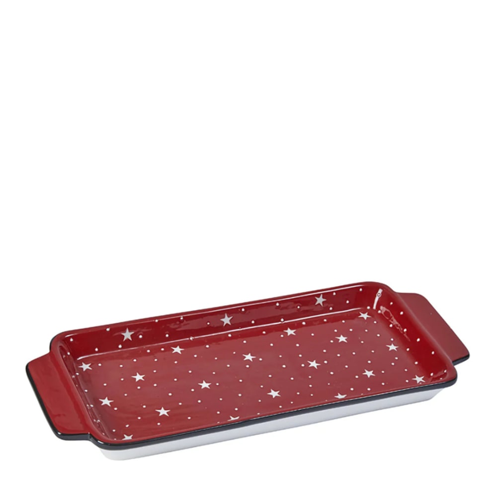 Bandeja decorativa de navidad con asas de cerámica roja y blanca l38