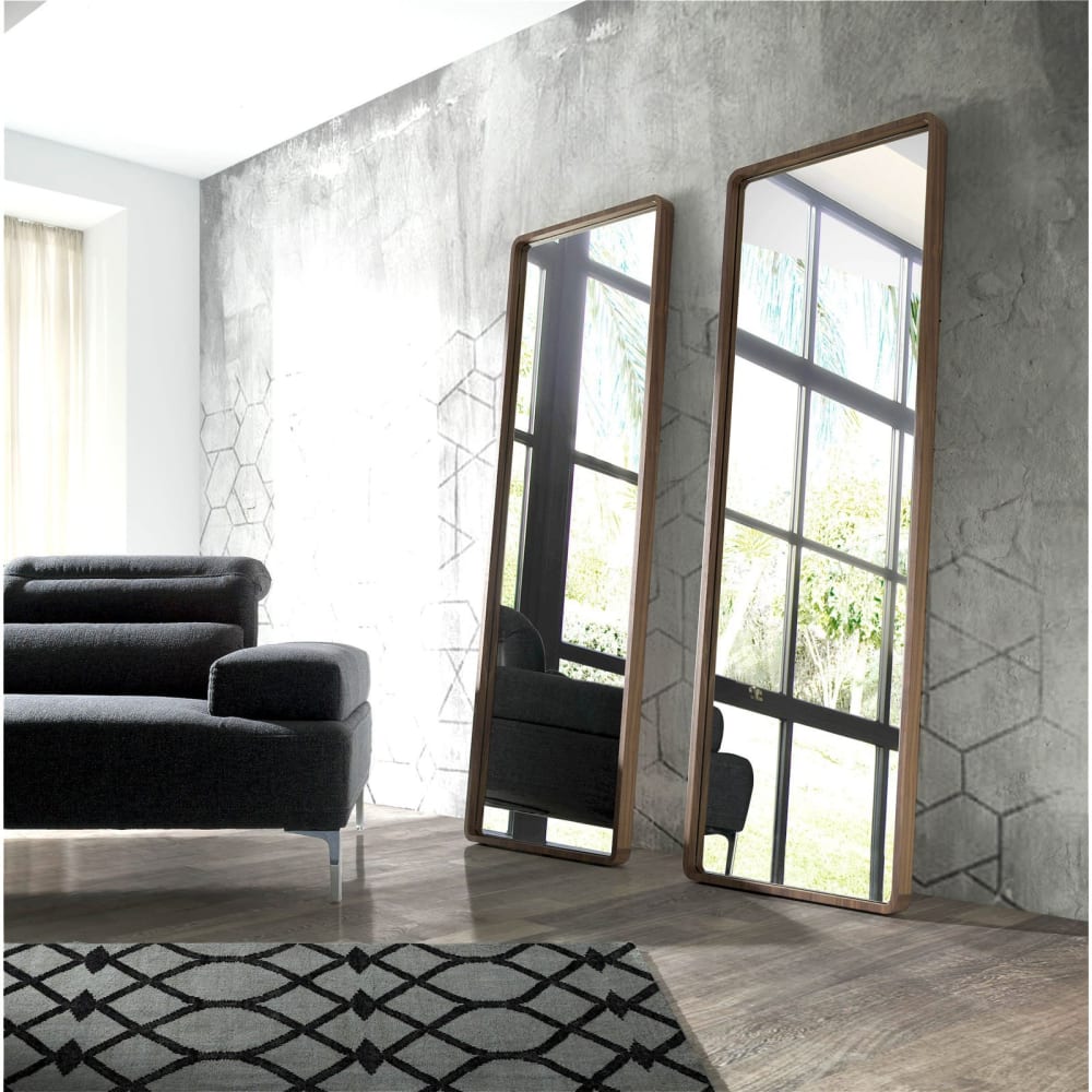 Miroir sur pied rectangulaire en bois placage noyer