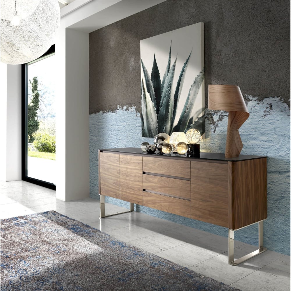 Buffet en bois avec dessus en verre trempé et 3 tiroirs - Maisons du Monde