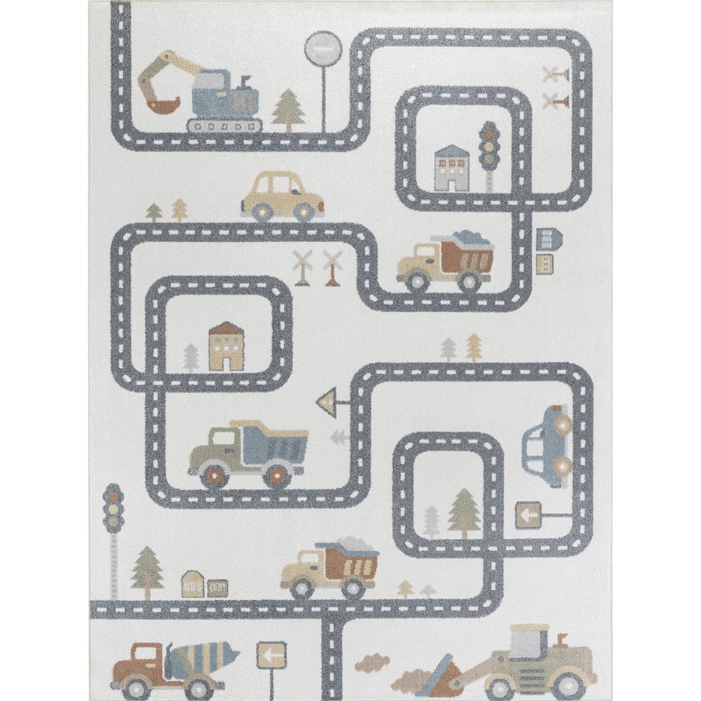 Tapis Enfant Lavable en Machine Circuit Voitures Beige/Gris 160x213