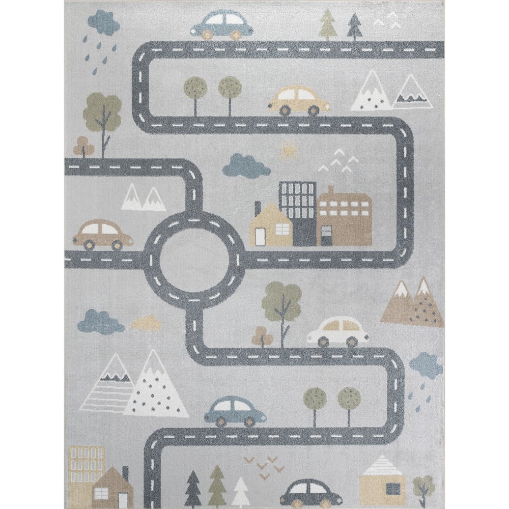 Tapis Enfant Lavable en Machine Circuit Voitures Bleu/Gris 120x170