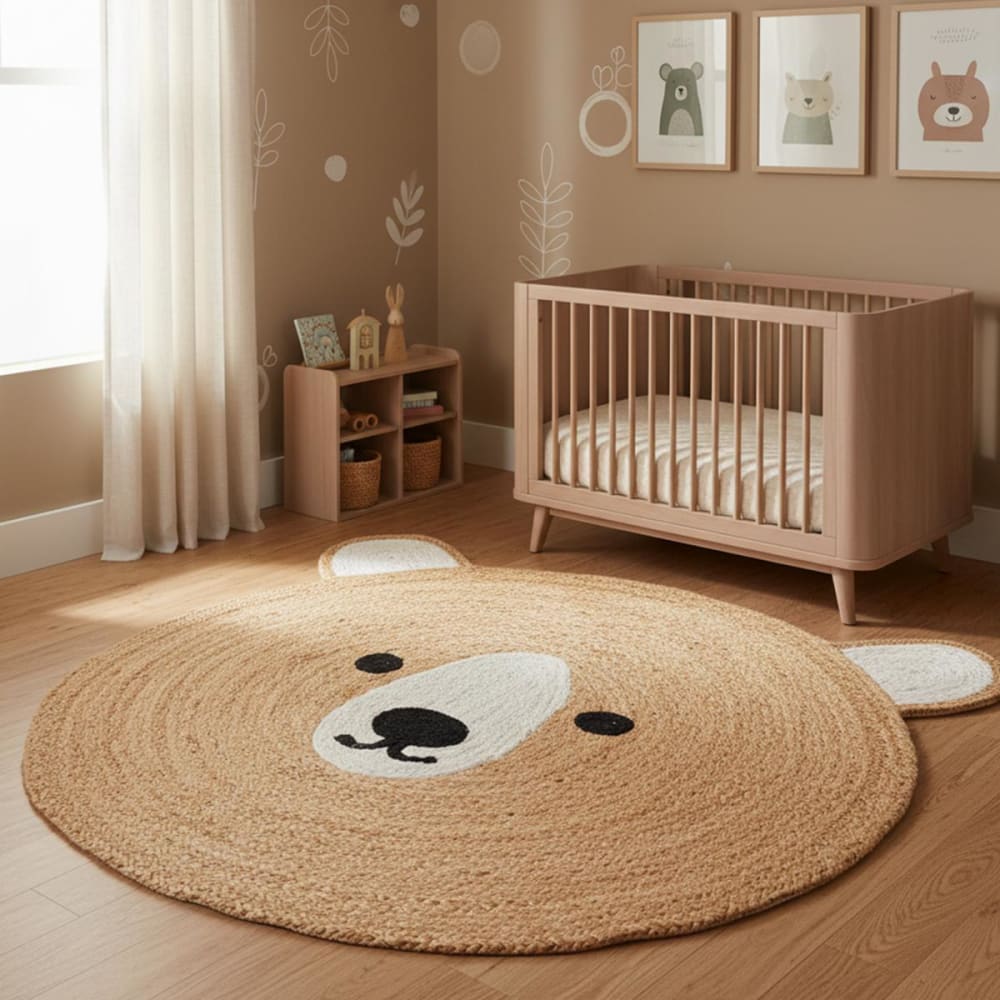 Un amour de tapis Tapis enfant tissé main en jute naturel motif ours, blanc ø100cm style campagne Beige Jute - 100x1x100cm