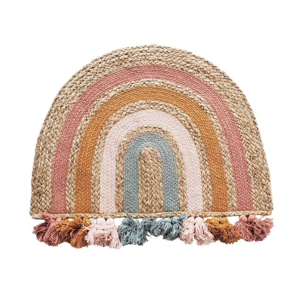 Tapis enfant arc-en-ciel à pompons en jute 72x52cm