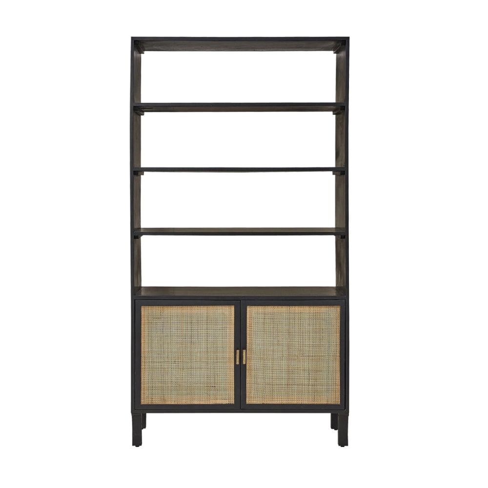 Bibliothèque en manguier massif noire et cannage