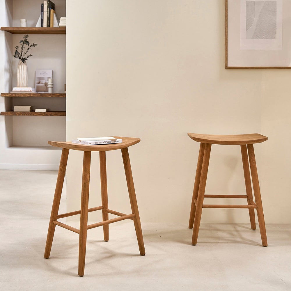 BERAH GETAH Set aus 2 Hockern aus massivem Teakholz 65 cm style modern Beige