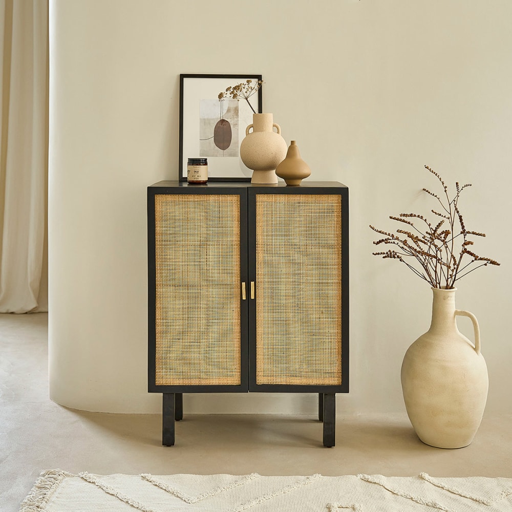 BERAH GETAH Buffet aus massivem Mangoholz schwarz und Rohrgeflecht 68 cm style vintage - -