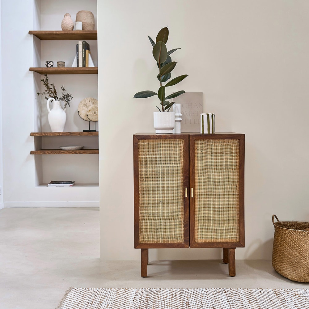 BERAH GETAH Buffet aus massivem Mangoholz in Nussbaumoptik und Rohrgeflecht 68 cm style vintage Braun