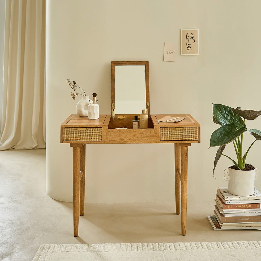 BERAH GETAH Schminktisch aus massivem Mangoholz und Rohrgeflecht style exotic Beige