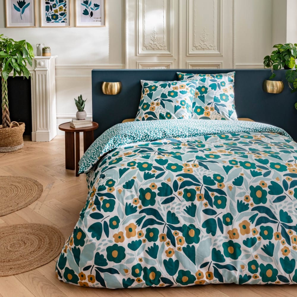 Parure de lit 2 personnes coton  imprimé vert 240x220cm