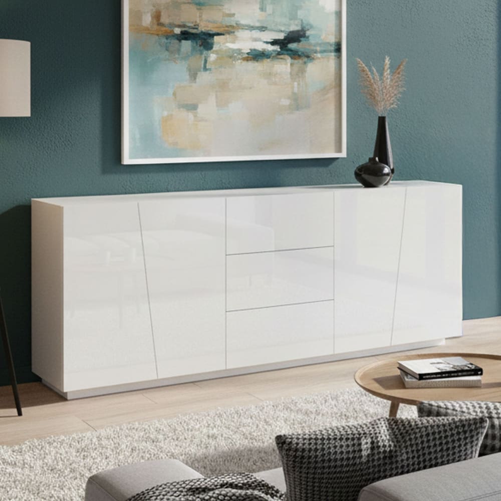 Hochglanzweißes Sideboard in Holzoptik, 220 x 43 x 86 cm -