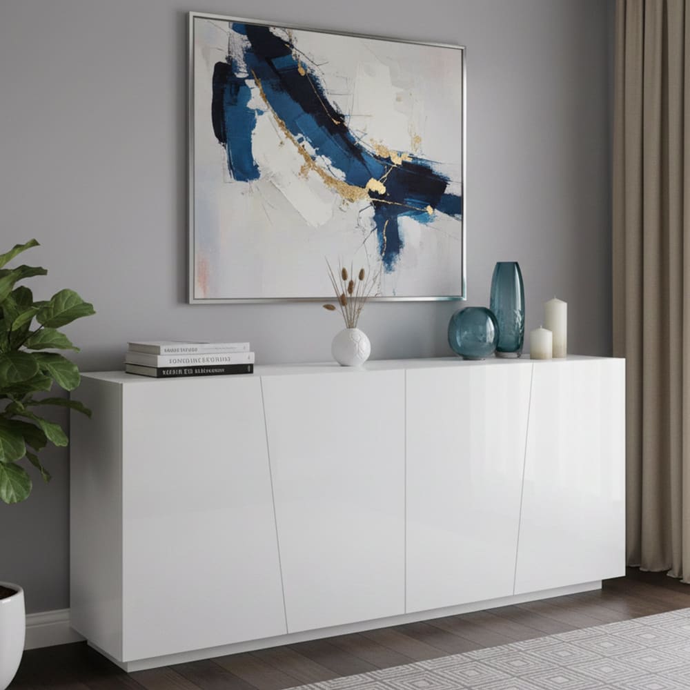 Hochglanzweißes Sideboard in Holzoptik, 200 x 43 x 86 cm -