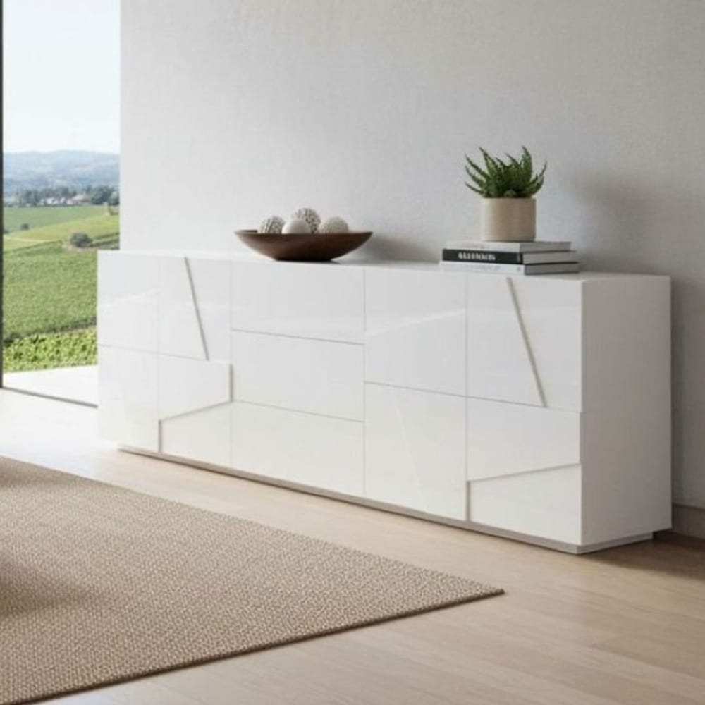 Hochglanzweißes Sideboard in Holzoptik, 224 x 44 x 86 cm -
