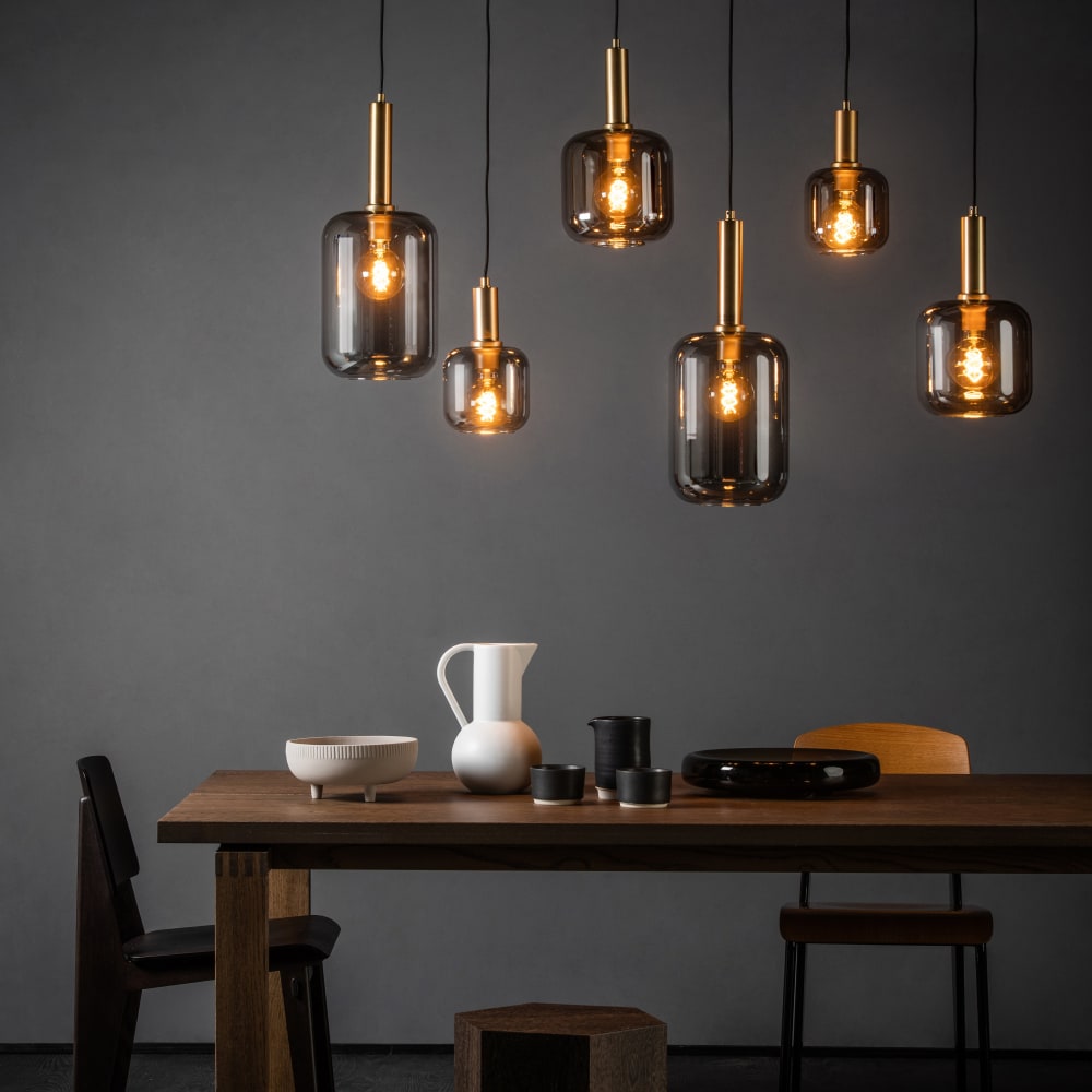 Suspension verre 6 lumières verre fumé l130cm noir