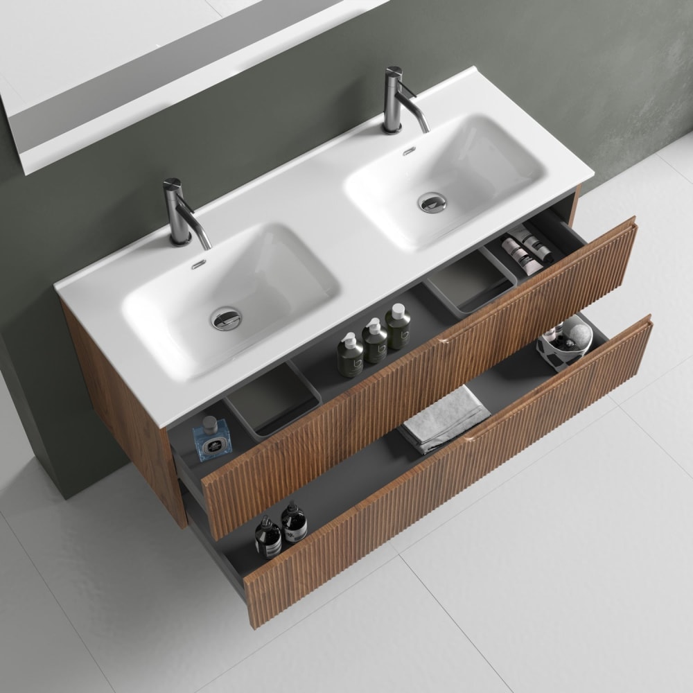 Meuble de salle de bain à baignoire double 5 pièces en MDF chêne foncé