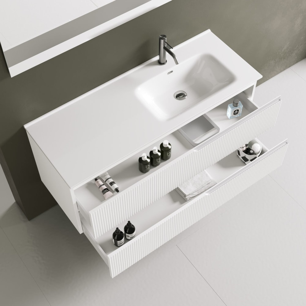 Meuble de salle de bain baignoire droit 4 pièces en MDF blanc mat