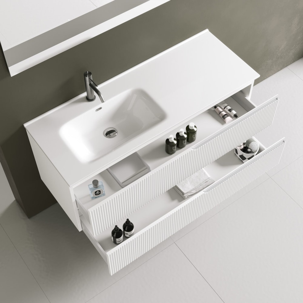 Meuble de salle de bain baignoire gauche 4 pièces en MDF blanc mat