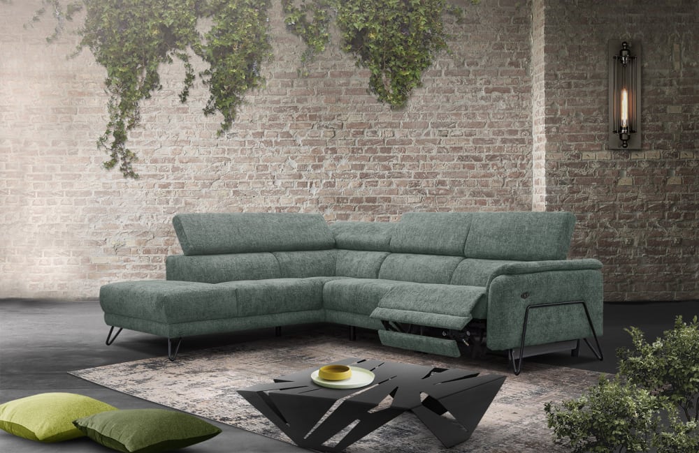 Wozimo Canapé d'angle gauche 5 places avec un relax électrique tissu vert style industriel