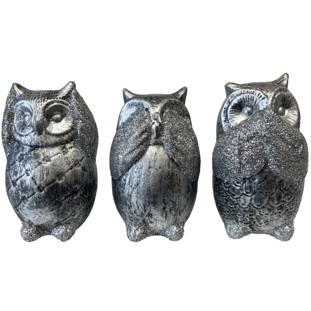 TDK IMPORT Statues en céramique trio de hiboux argent pailleté 11 cm style contemporain Argenté