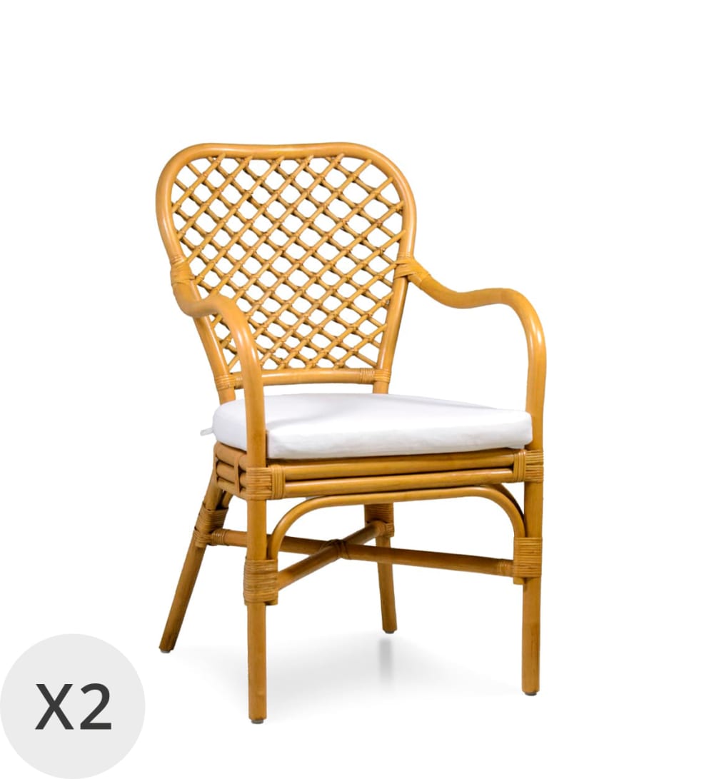 Set 2 fauteuils en rotin beige avec coussin