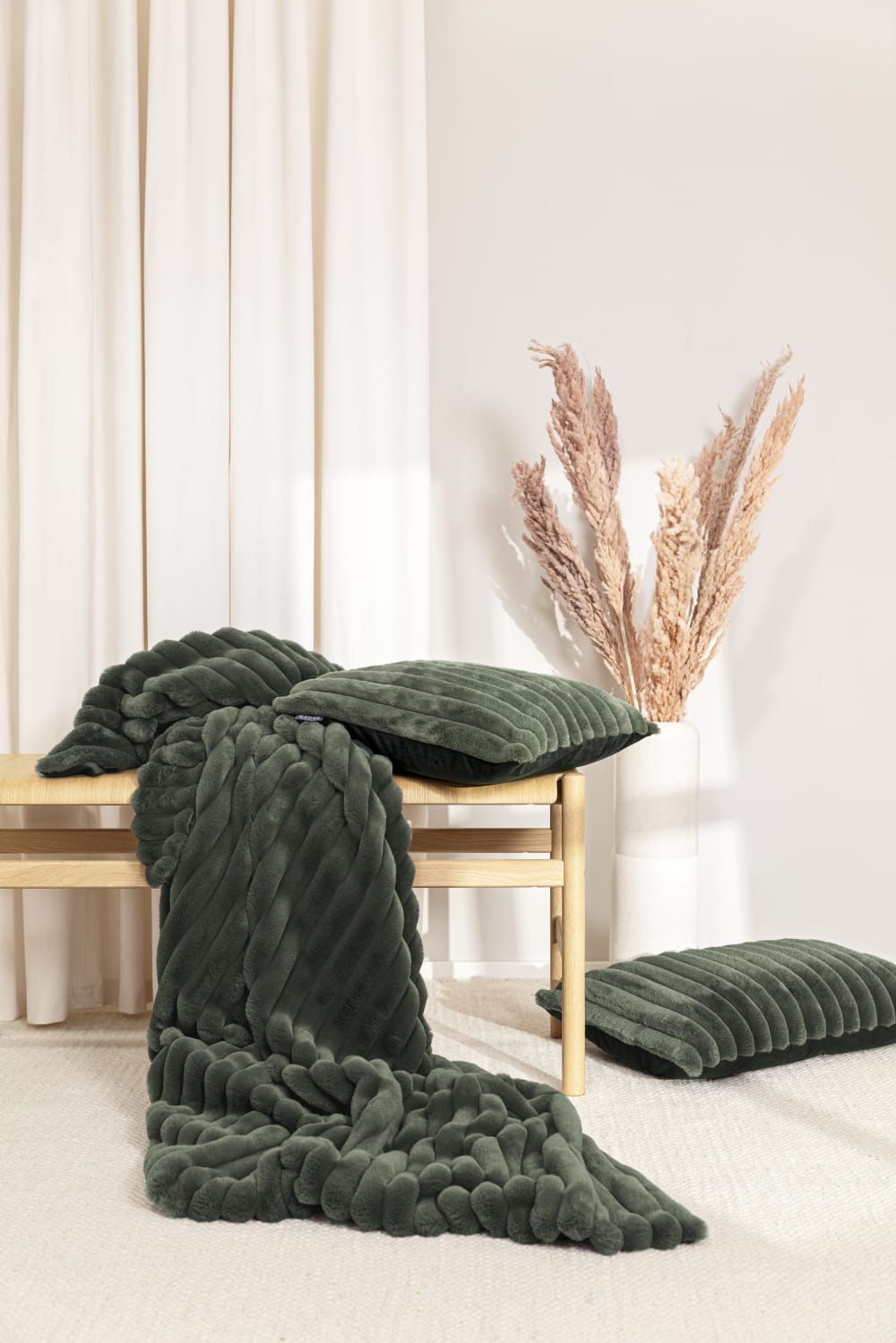 Plaid velours cotelé moelleux imitation fourrure sauge- 140x200