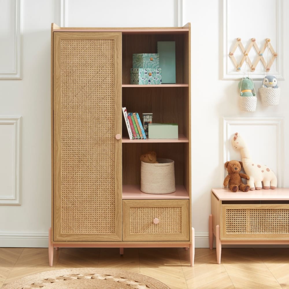 Armoire  rose et cannage rotin 1 porte et 1 tiroir (Baita) - Image 1