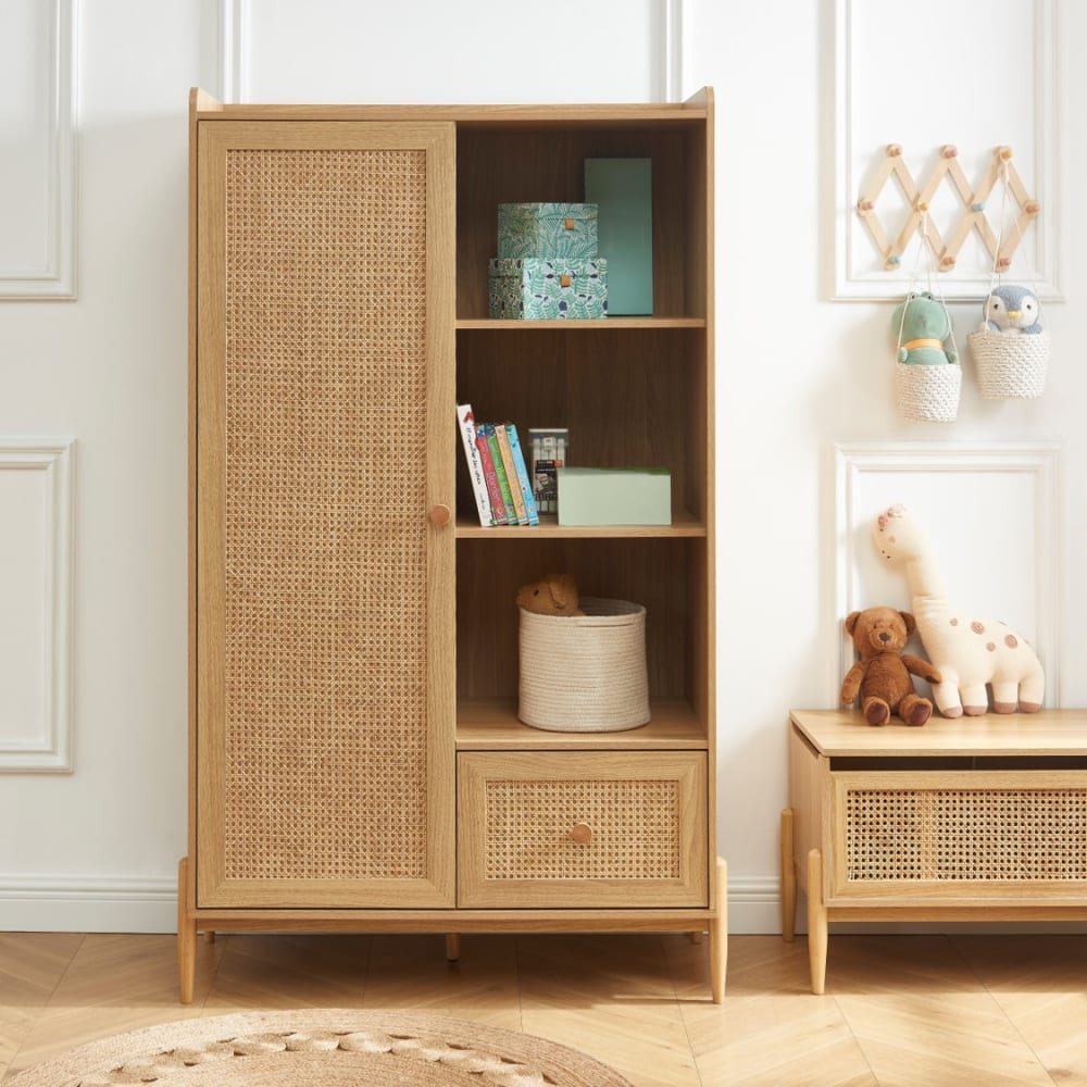 Armoire  effet bois et cannage rotin 1 porte et 1 tiroir (Baita) - Image 1