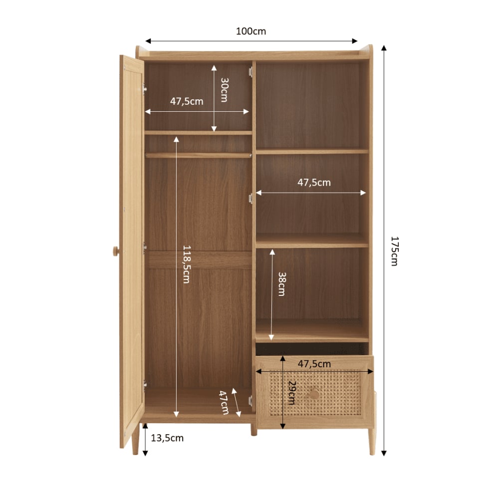Armoire  effet bois et cannage rotin 1 porte et 1 tiroir (Baita) - Image 2