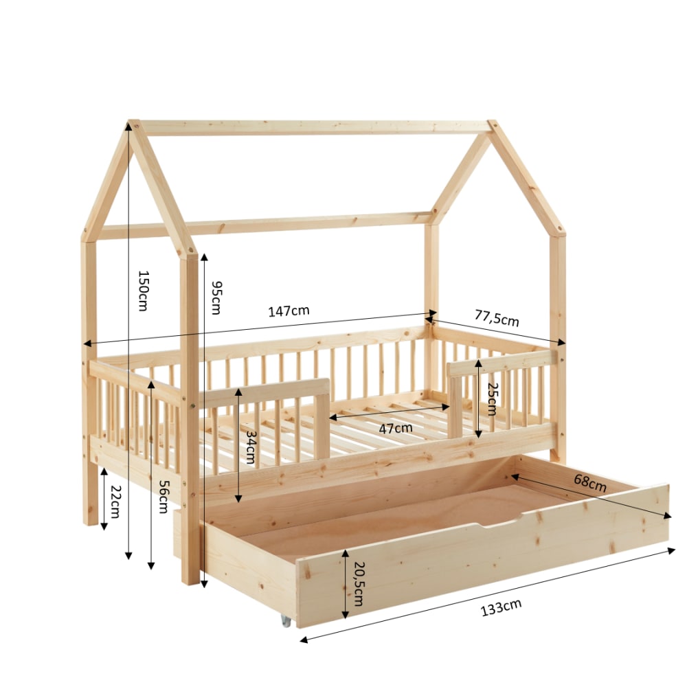 Lit cabane avec barrières  pin massif 70x140 sommier + tiroir (Baita) - Image 2