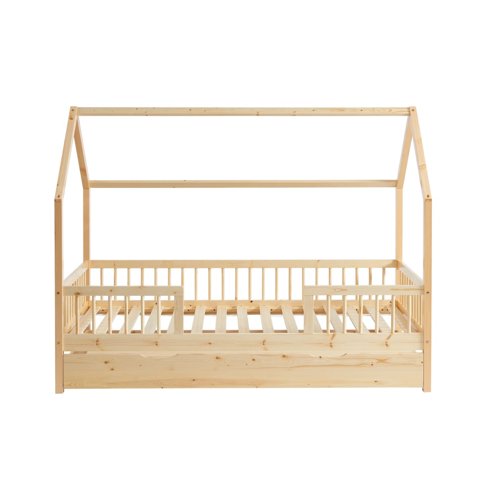Baita - Lit cabane avec barrières  pin massif 90x190 sommier + tiroir