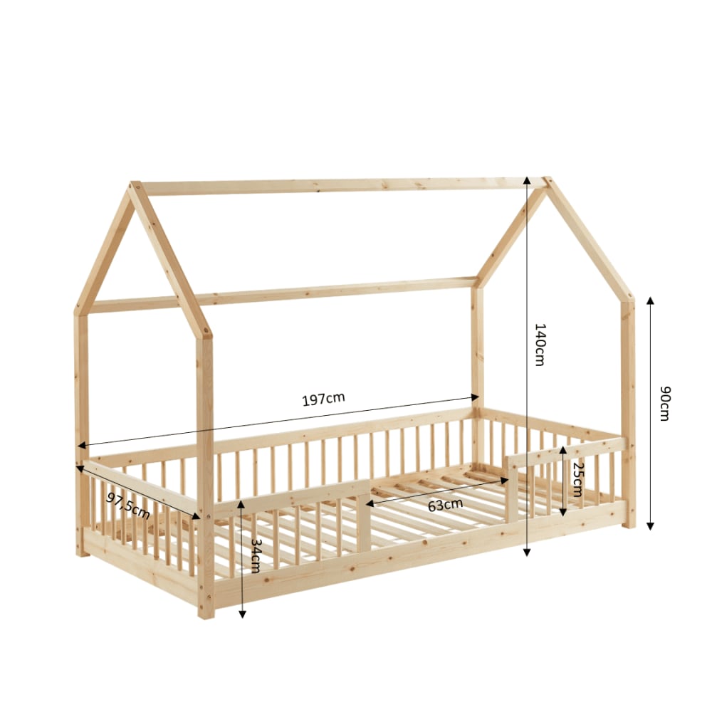 Lit cabane avec barrières  pin massif 90x190 sommier inclus (Baita) - Image 2