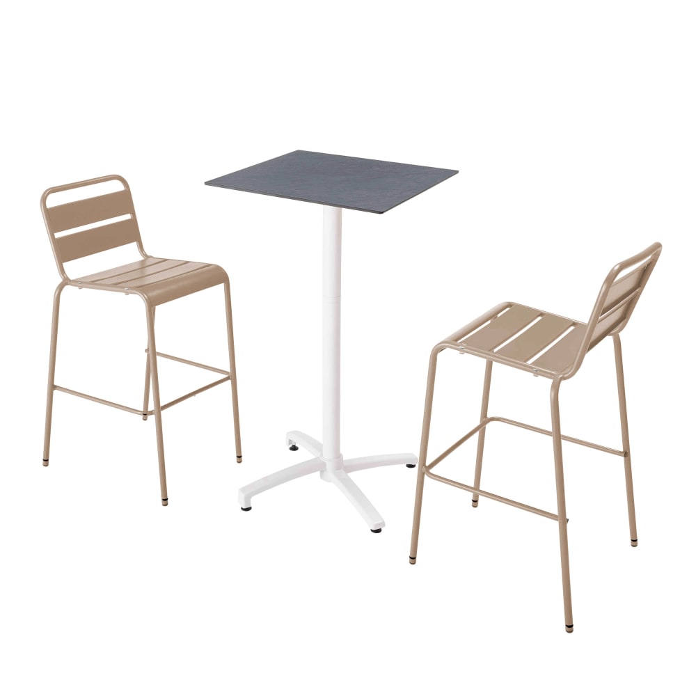 Ensemble table haute stratifié gris et 2 chaises hautes taupe