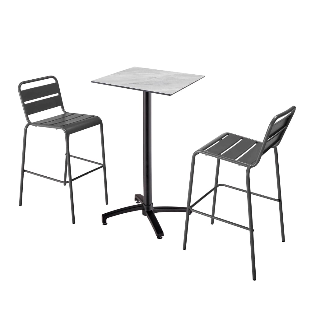 Ensemble table haute stratifié marbre et 2 chaises hautes gris